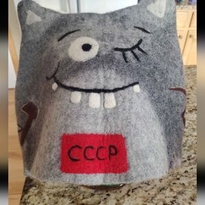Gray Felt Sauna Hat with Red CCCP Patch, Handmade 100% Wool, Size Large